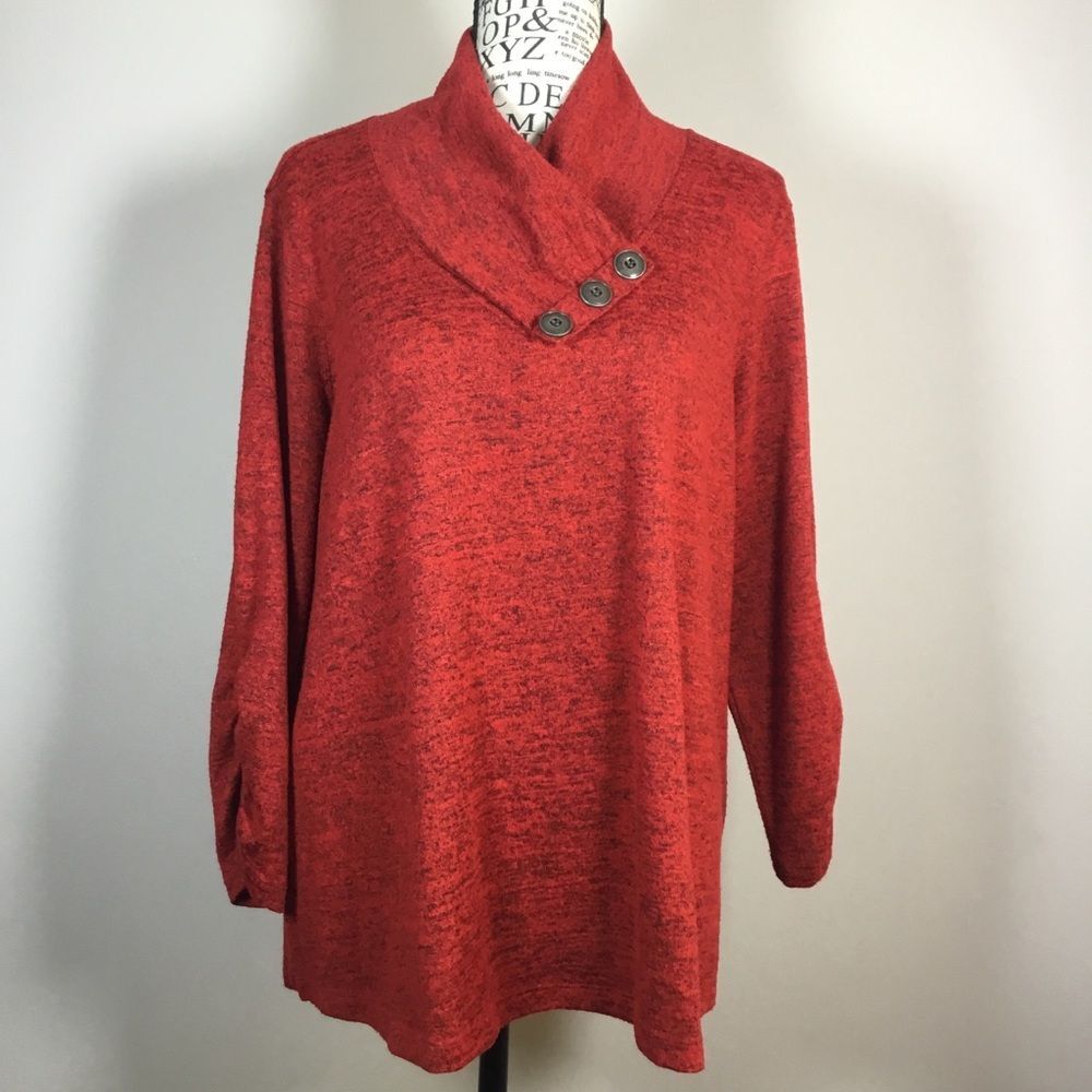 Red black Merle stretchy sweater 3 diagonal buttons on wrap neck classy sz PL